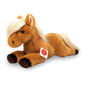 Plush horse toy with a visible brand tag on a white background