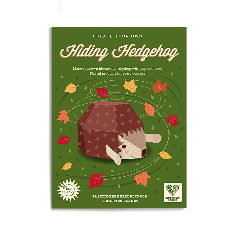 Product packaging for 'Create Your Own Hiding Hedgehog' with hedgehog illustration on green background.