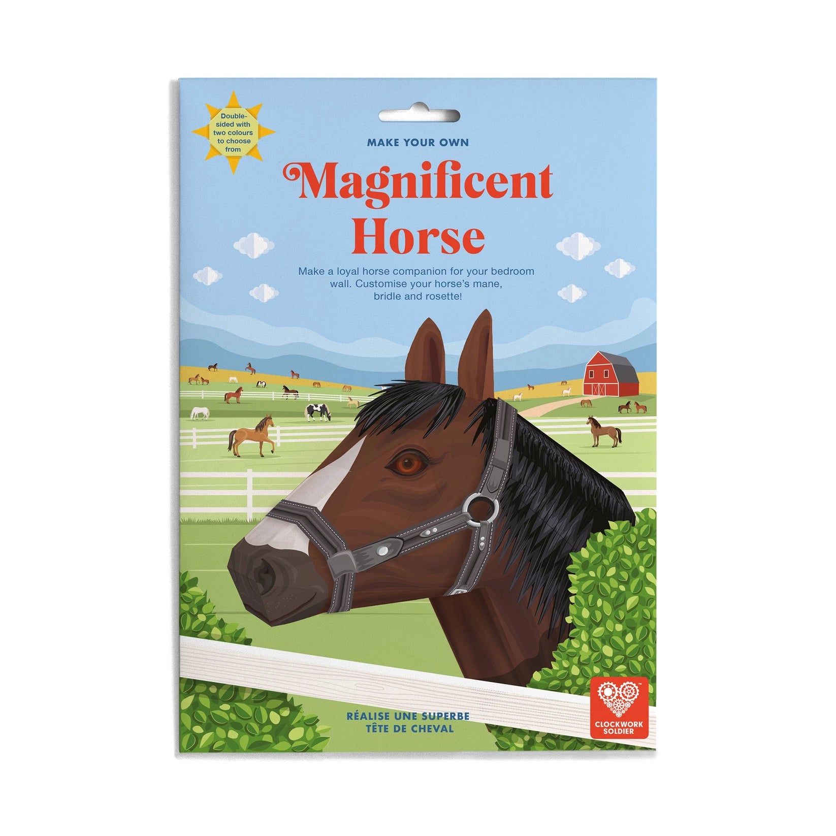 Packaging for 'Make Your Own Magnificent Horse' craft kit with a horse illustration on a white background.
