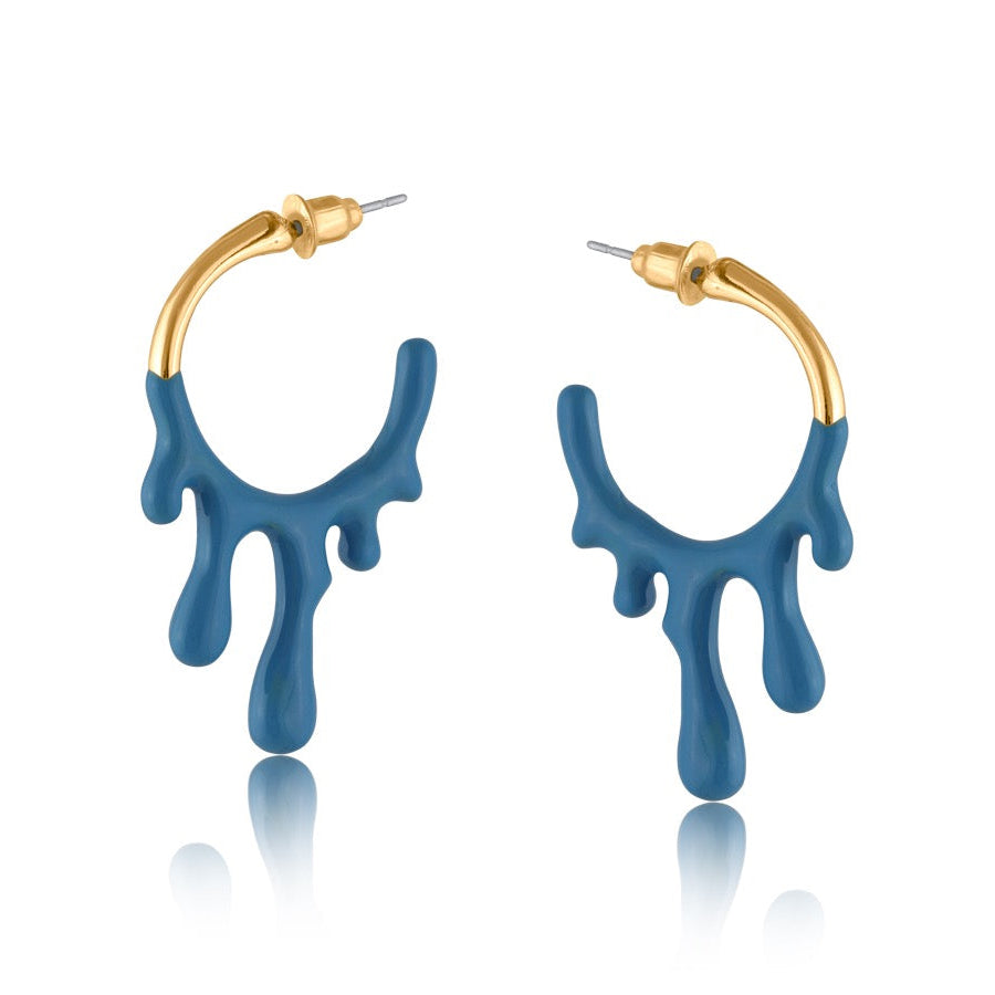 Blue hoop earrings with gold accents on a white background