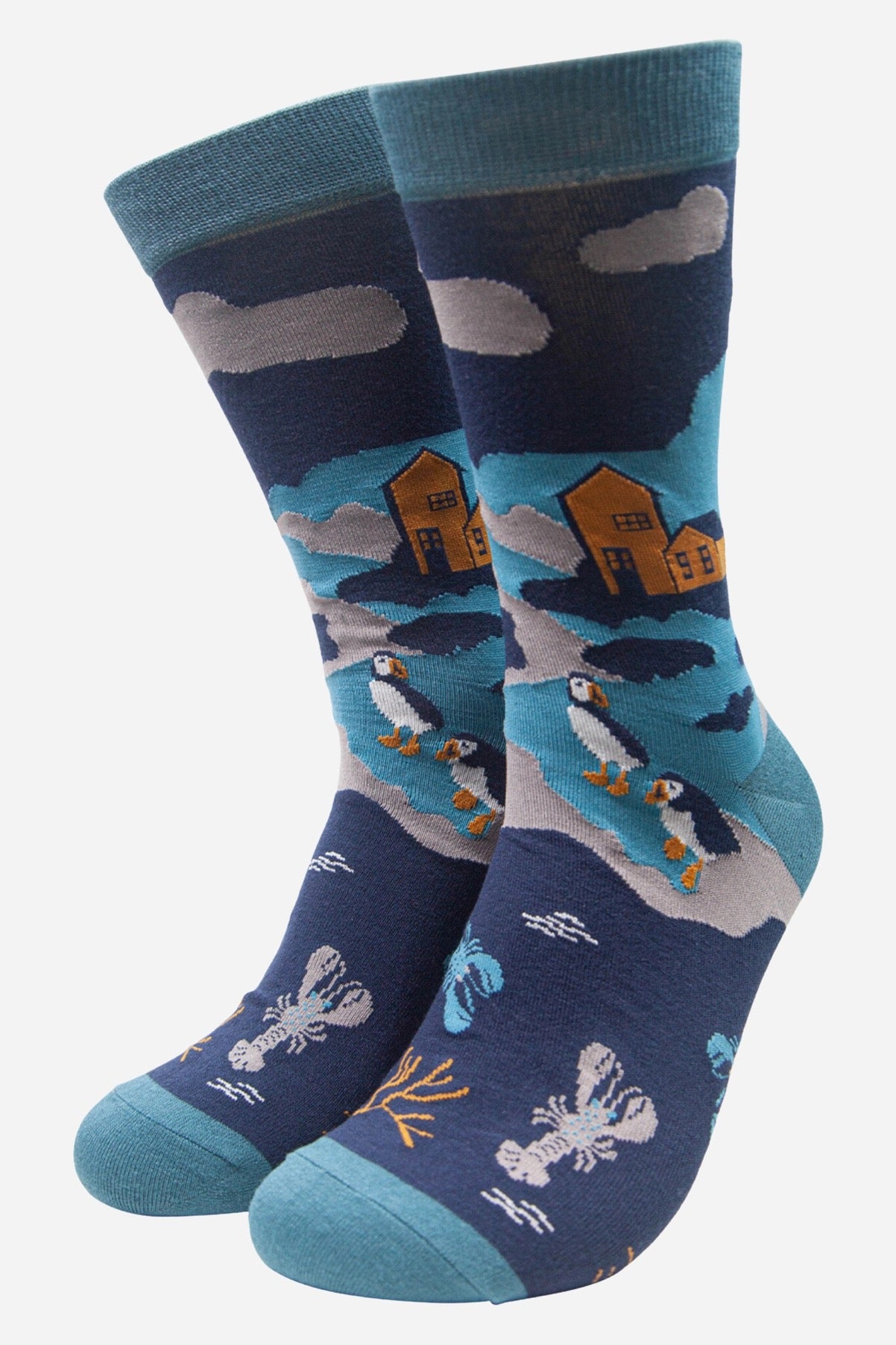 Mens Blue Coastal Scene Socks