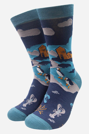 Mens Blue Coastal Scene Socks