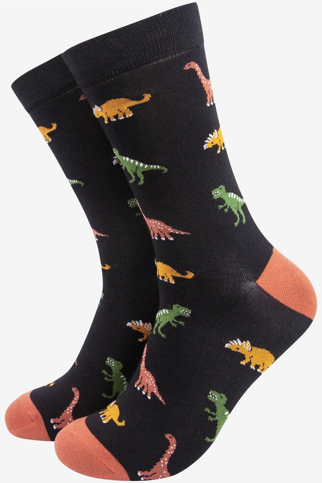 Black socks with colorful dinosaur pattern on a white background
