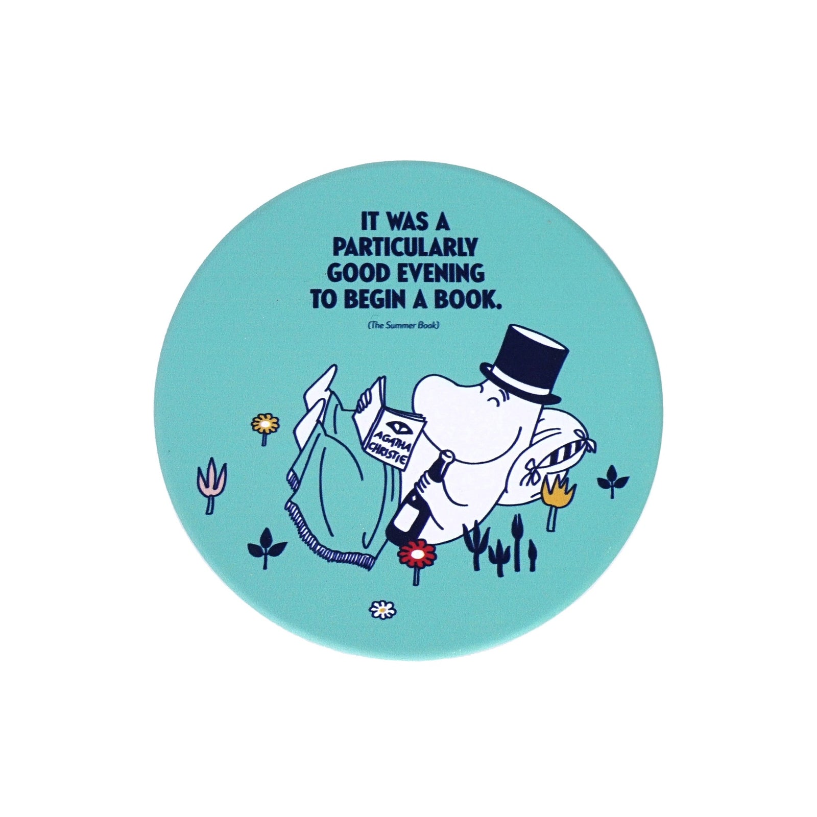 Circular design with Moomin character holding a book and text on a turquoise green background