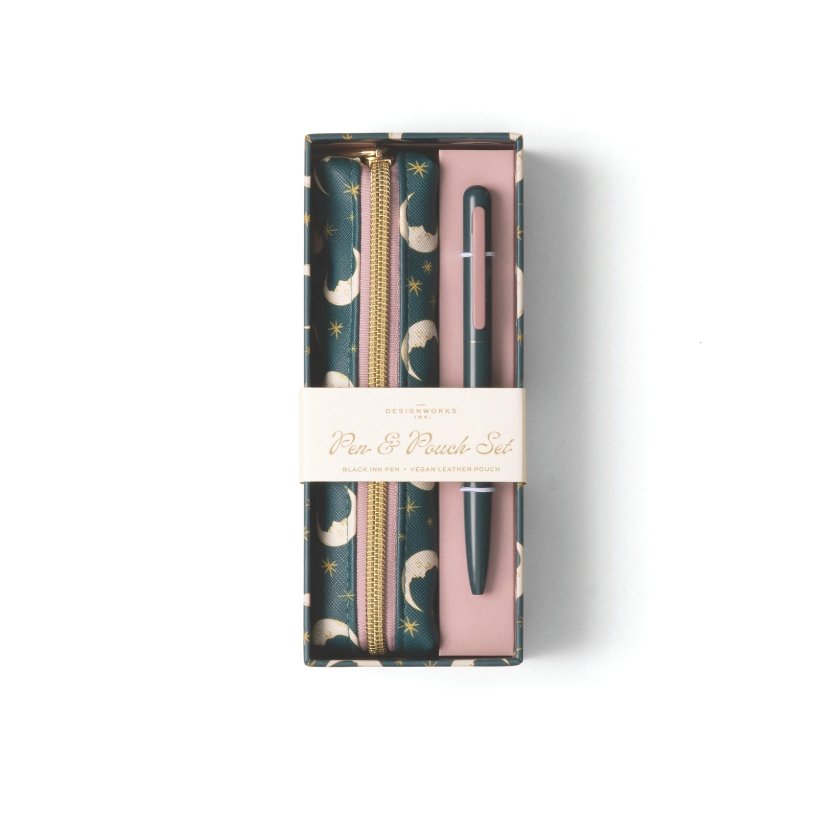 Pen and pencil set with pink lid and gold accents in a decorative box on a white background
