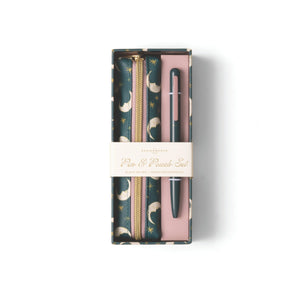 Pen and pencil set with pink lid and gold accents in a decorative box on a white background