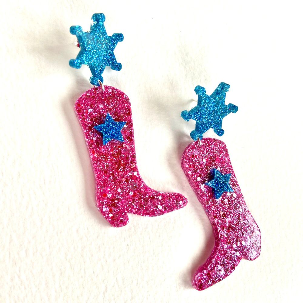 Pink Cowboy Boot Glitter Earrings