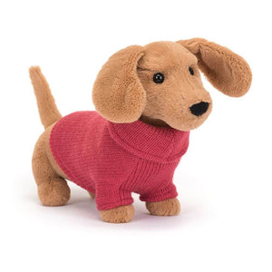 Golden Brown Sausage Dog Toy wearing pink jumper