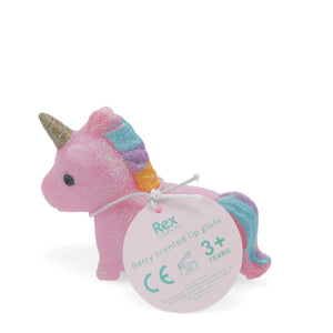 pink sparkly unicorn with berry scented lip balm