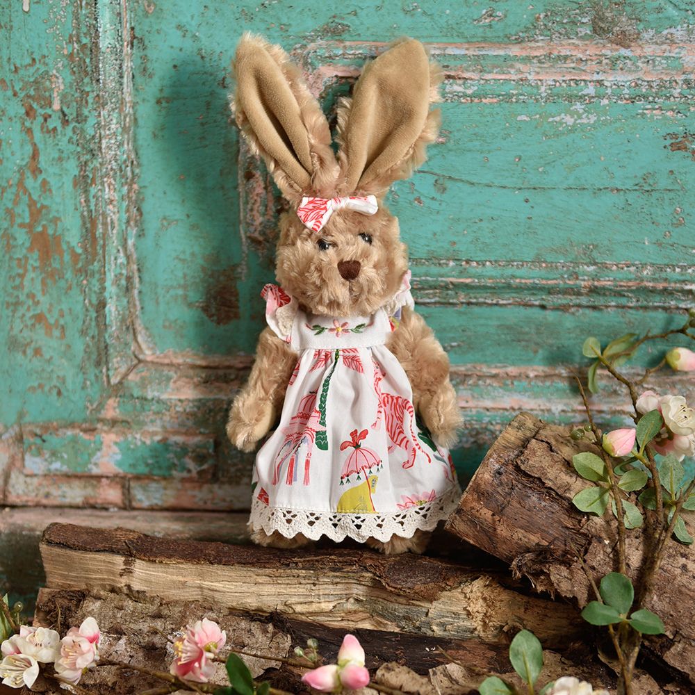 Red Colour Rabbit Teddy Rabbit Teddy with Sultans Garden Dress -20cm - Red Hen Trading
