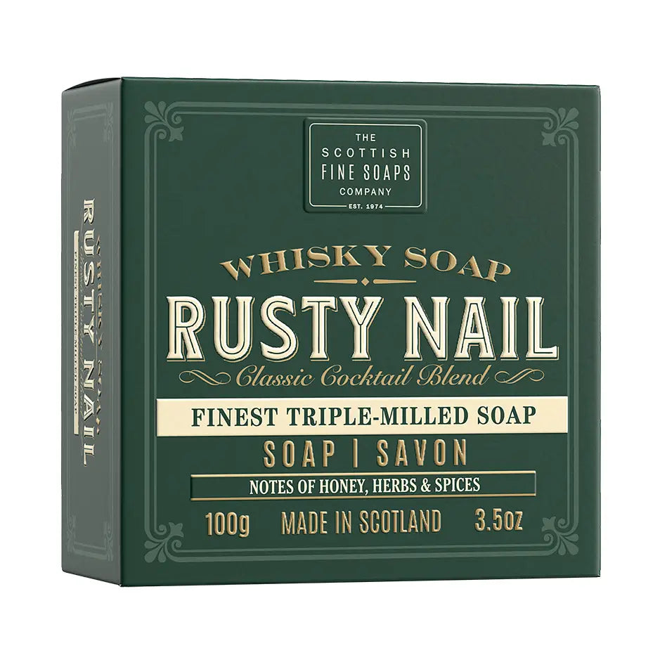 Box of Rusty Nail whisky soap from The Scottish Fine Soaps Company on a white background