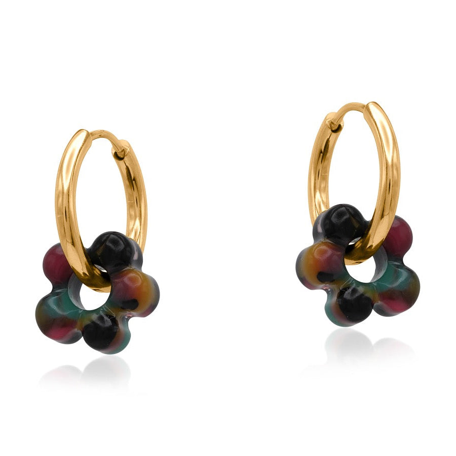 Gold hoop earrings with multicolored beads on a white background