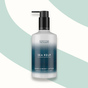 Scottish Fine Soaps Sea Kelp hand and body lotion on a geometric background