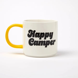 Mug with 'Happy Camper' text and yellow handle on a white background