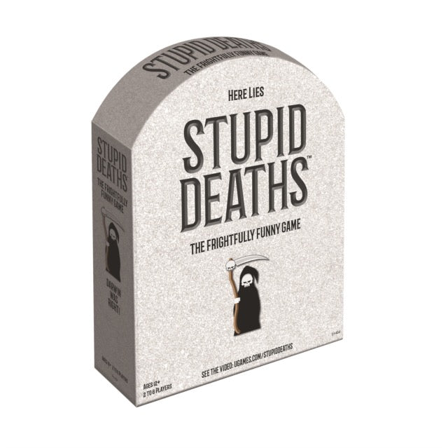 Grey Box with arched top with a game called stupid deaths inside