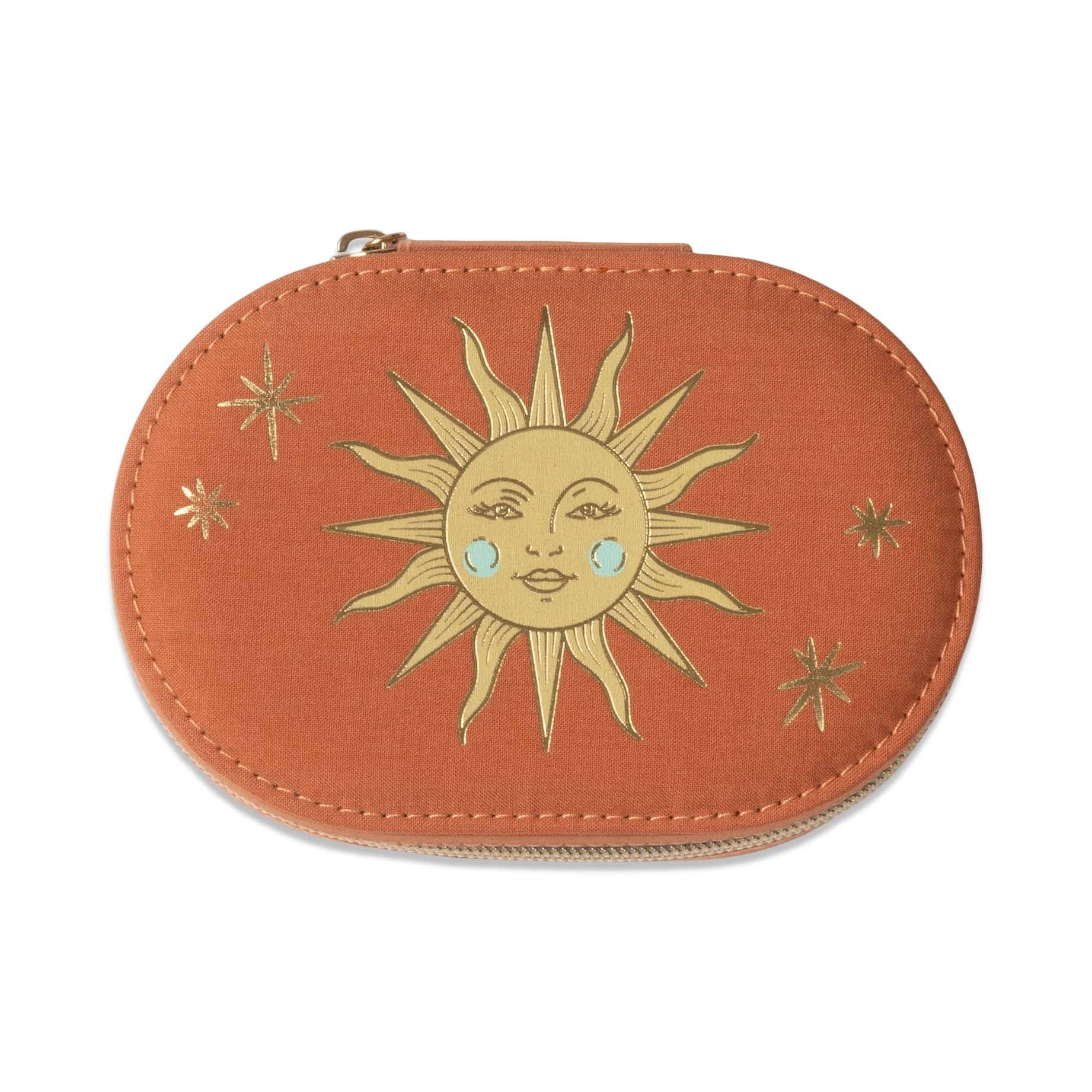Brown pouch with sun and star design on a white background