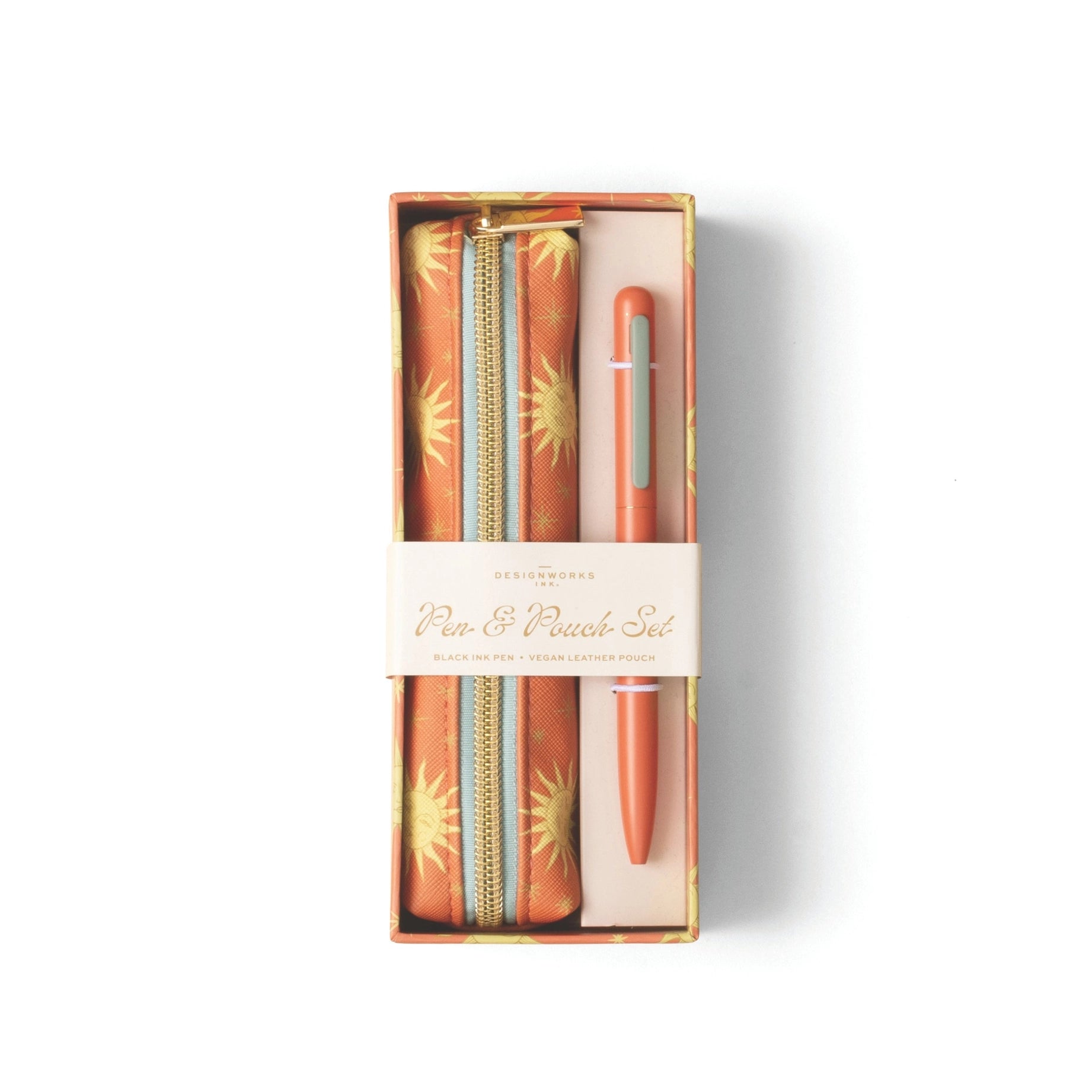Pen and pouch set in a decorative box with a white background