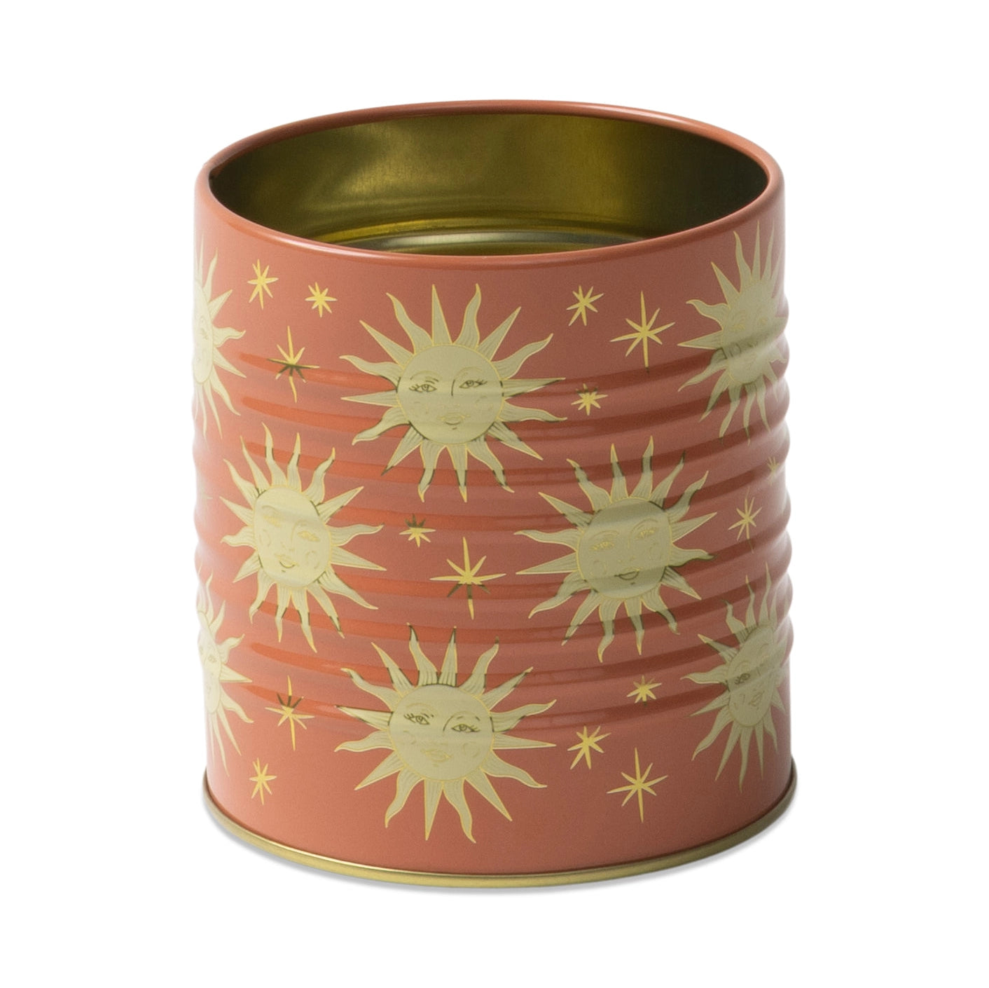 Decorative tin can with sun and star pattern on a white background