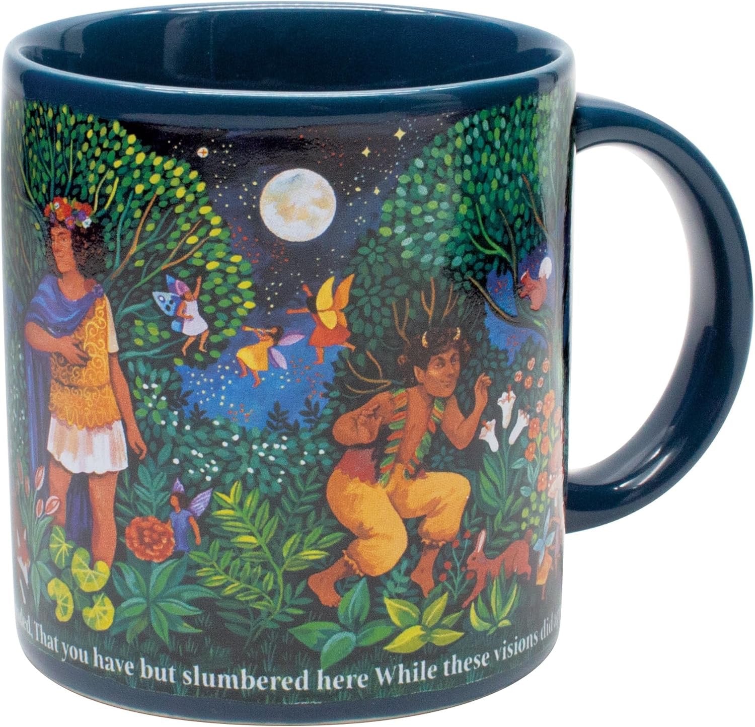 Dark Blue mug with midsummer nights dream design in bright colours