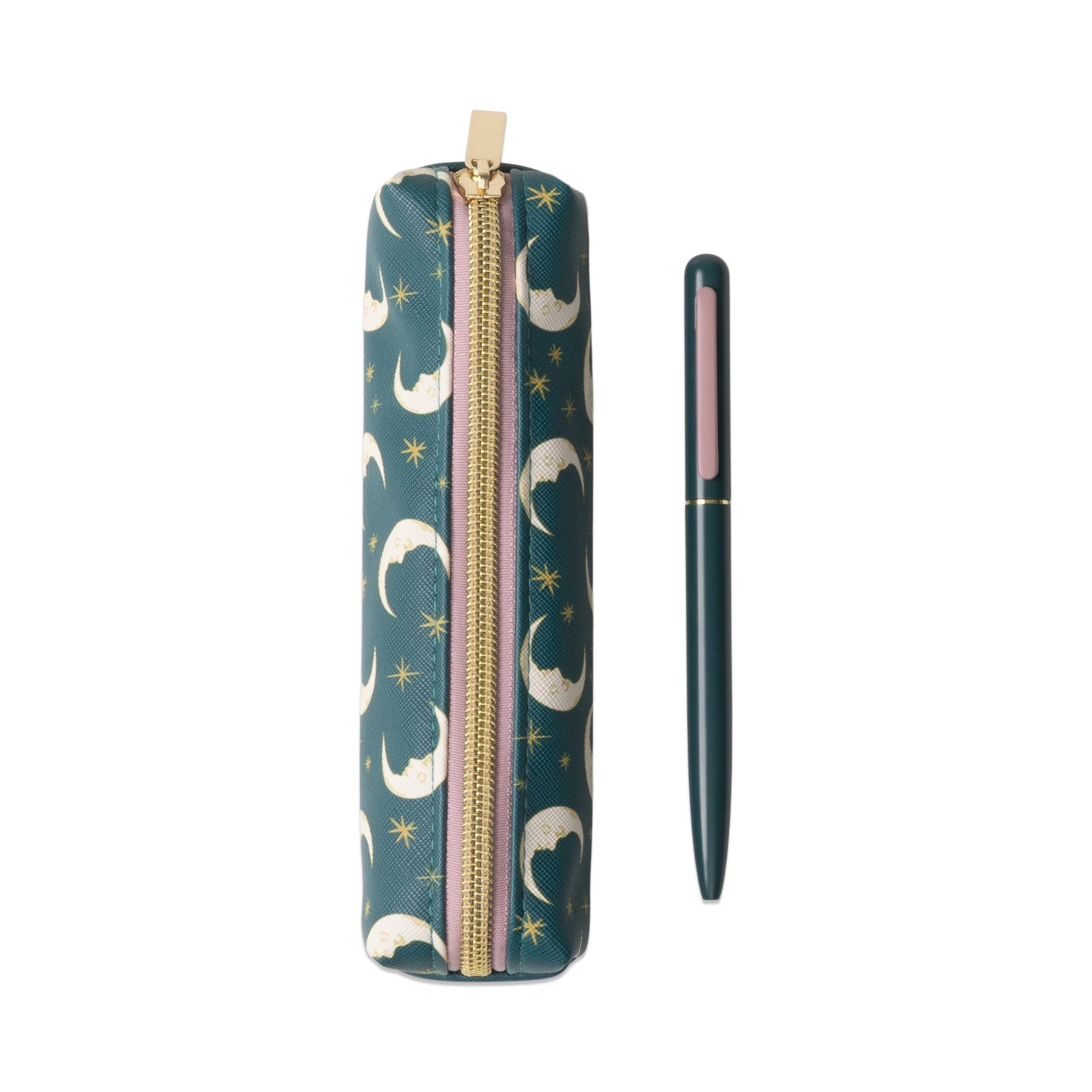 Pencil case with moon and star pattern and a pen on a white background