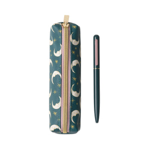 Pencil case with moon and star pattern and a pen on a white background