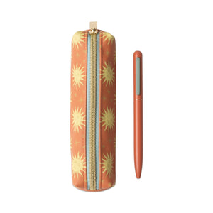 Pencil case with sun pattern and matching pen on a white background
