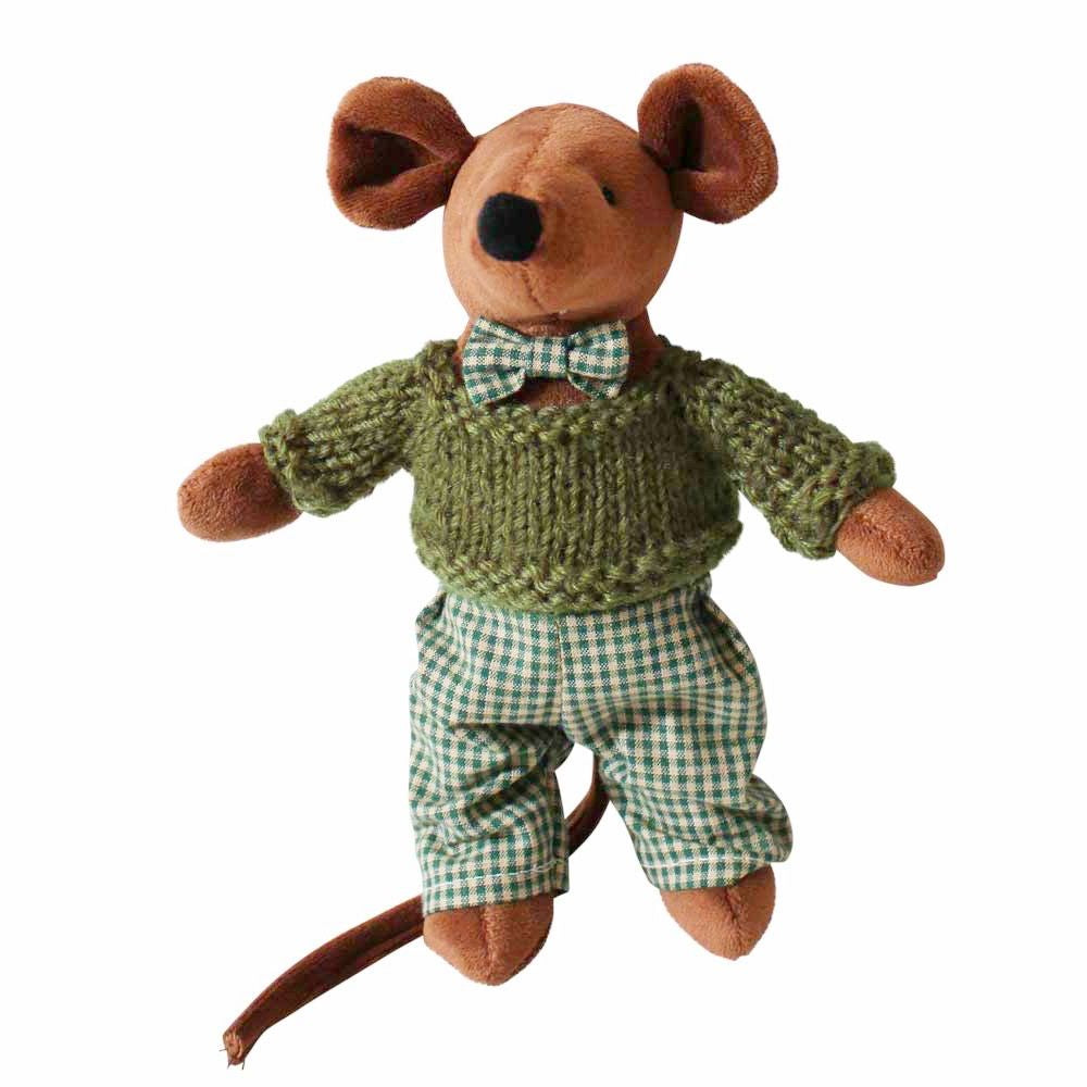 Velvet Mouse Toy with Gingham trousers and green knitted jumper