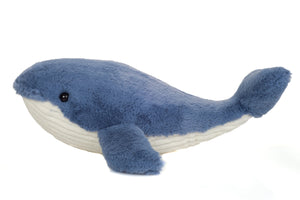 Blue plush whale toy on a white background
