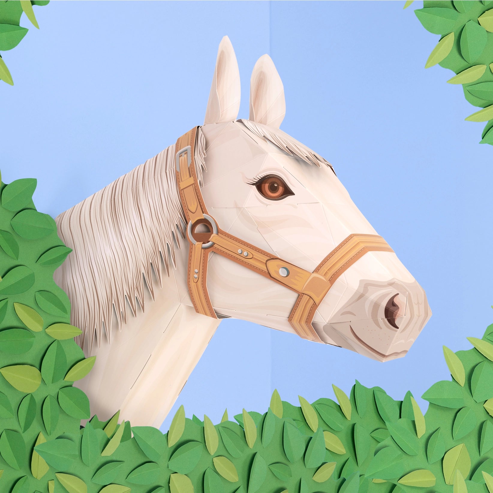 White horse head with a brown bridle surrounded by green leaves on a blue background