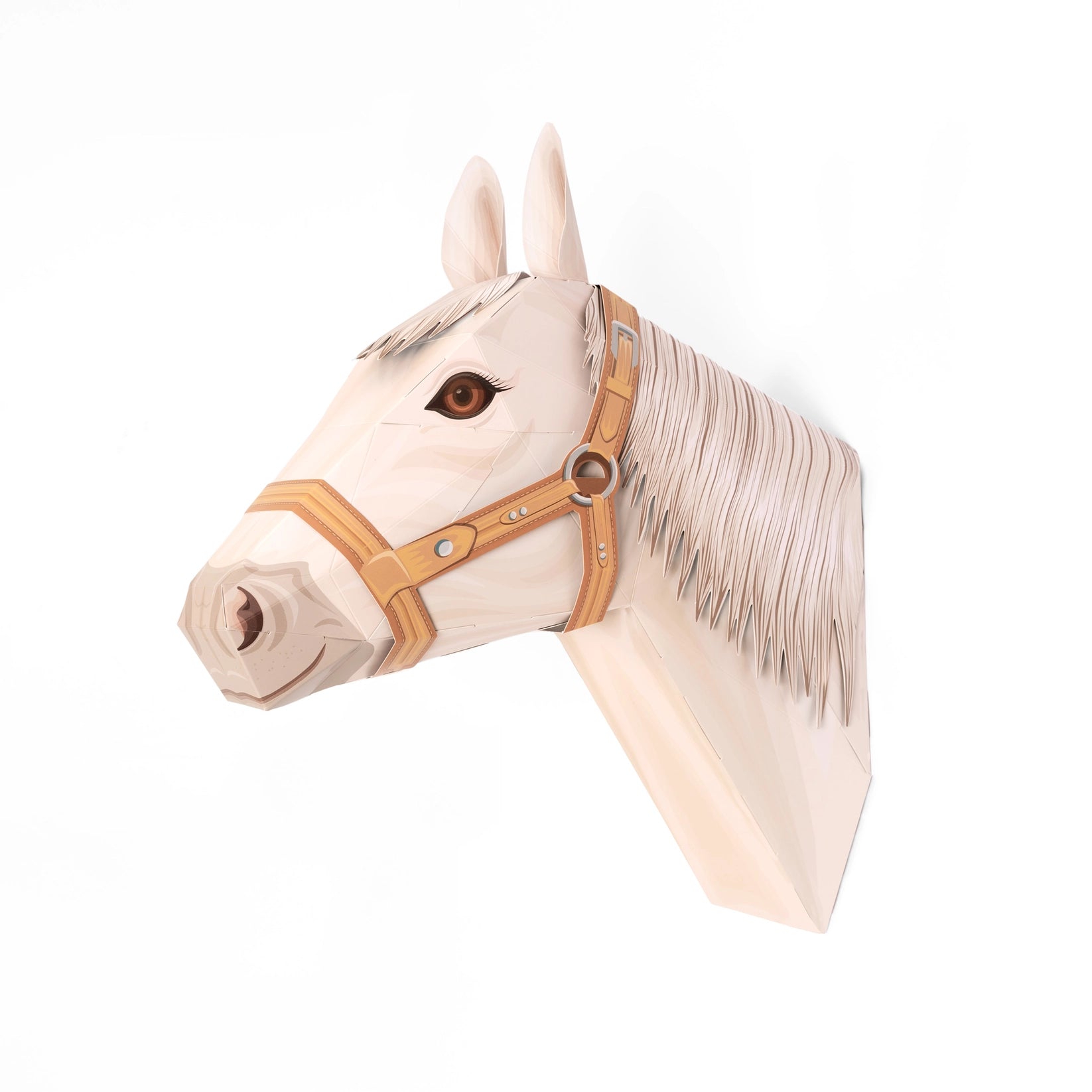 Horse head sculpture with a bridle on a white background