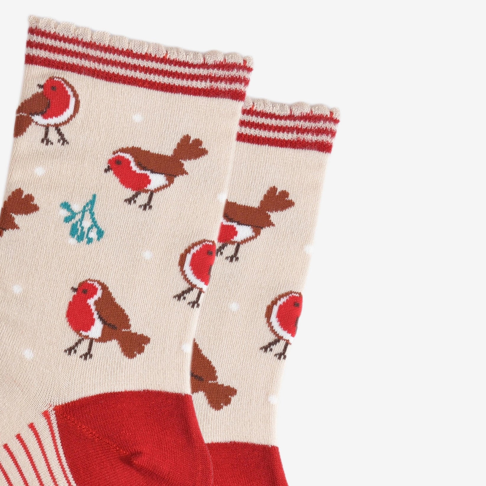 A pair of Cream socks decorated with Red Robins and striped top