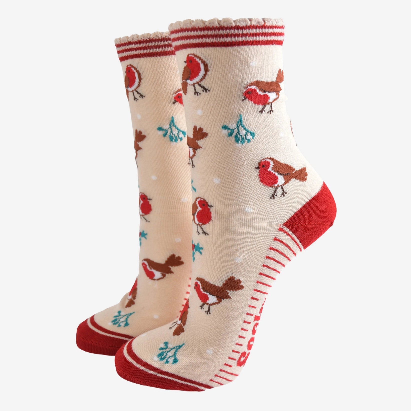 cream socks with Red Robin design