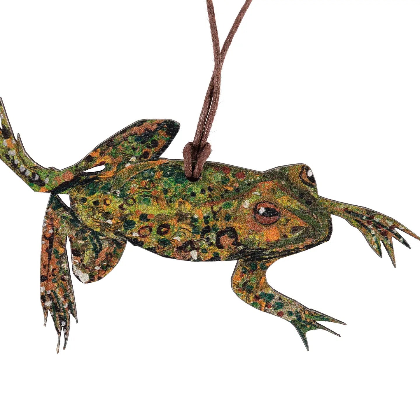 Decorative frog ornament on a white background