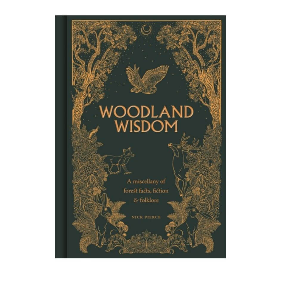Dark Green book with gold title Woodland Wisdom