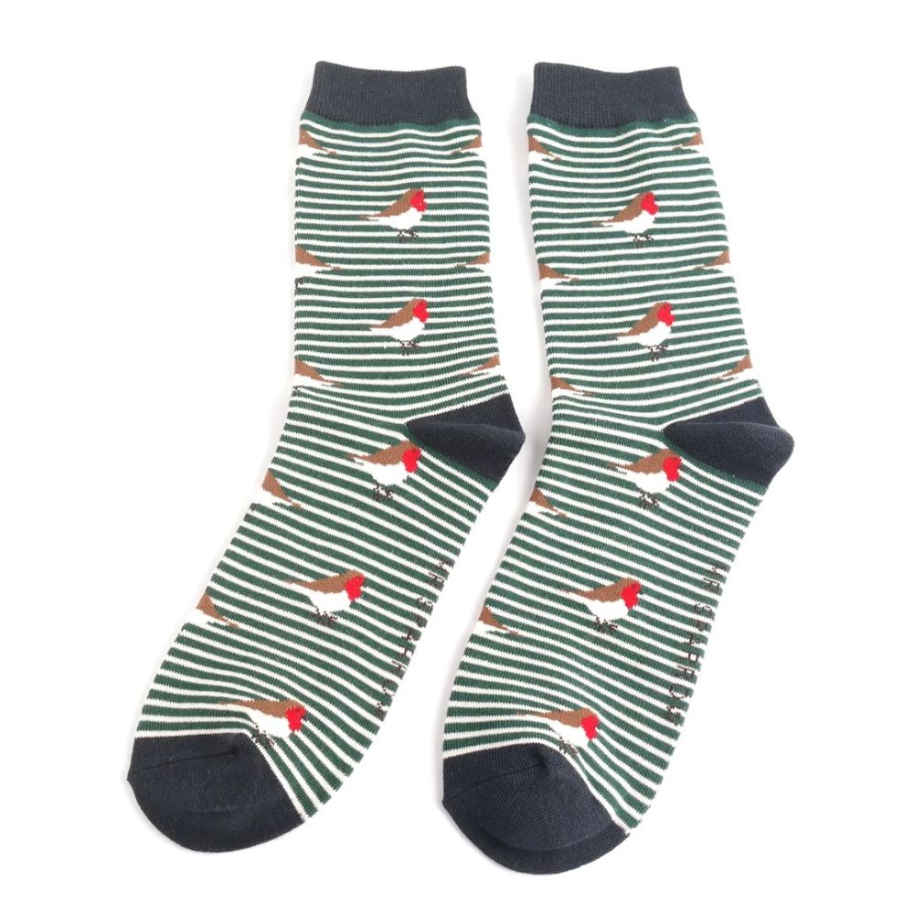 Mens Green & white Striped socks with Robin motif