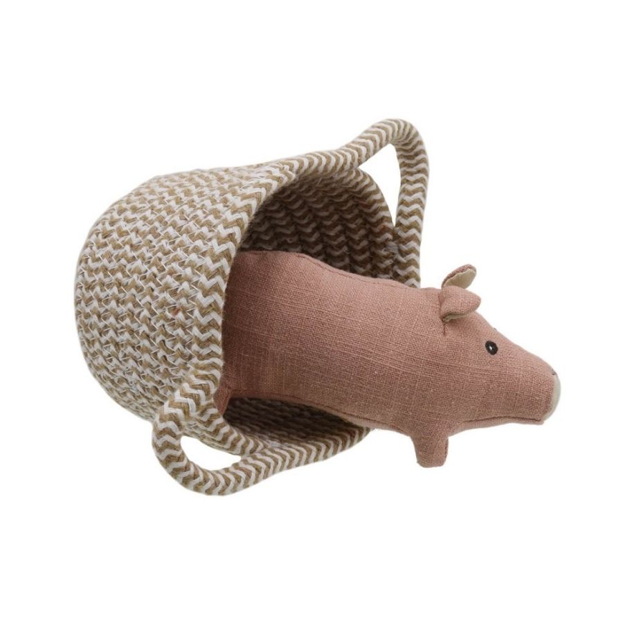 Pink Linen Pig in a Basket