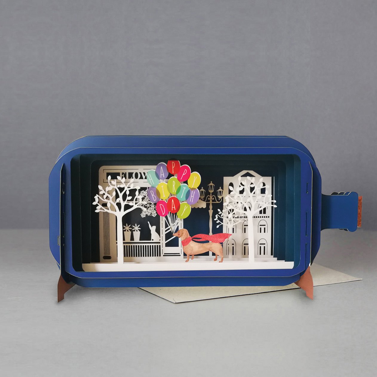 Happy Birthday Sausage Dog with Balloons - Message in a Bottle 3D Birthday Card