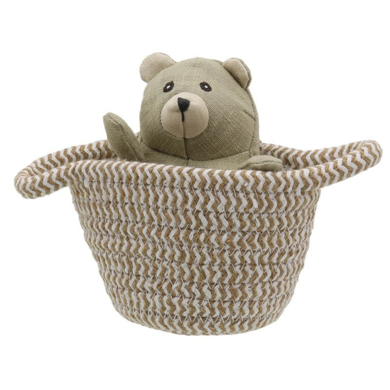 Linen small bear in a basket toy