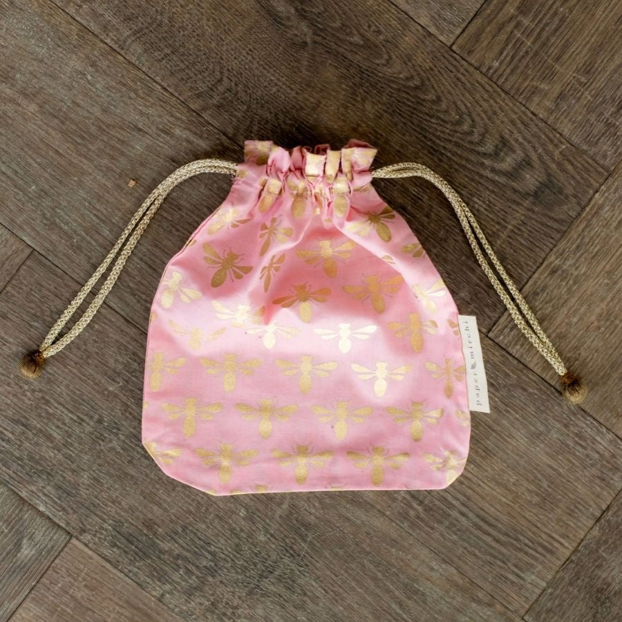 Gold Bees Drawstring Mallow Pink Gift Bag - Small